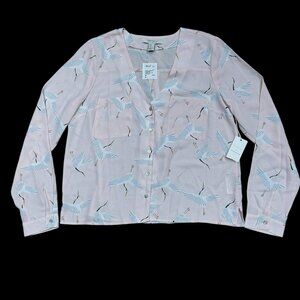 Forever21 Sz M Blouse Pink long Sleeve Crane Bird print Business Casual New
